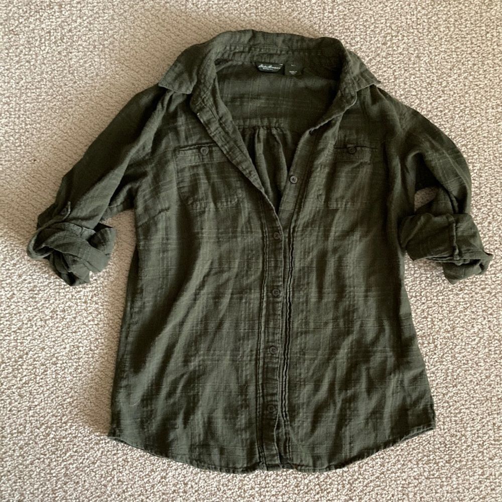 Eddie Bauer Green Button Down Shirt XS 100% Cotton Casual Hiking Texture EUC
